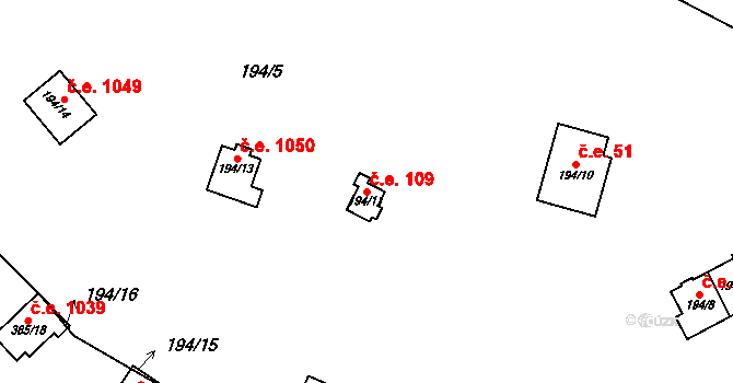 Bítov 109 na parcele st. 194/11 v KÚ Bítov, Katastrální mapa
