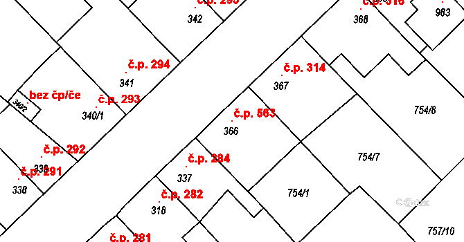 Dašice 563 na parcele st. 366 v KÚ Dašice, Katastrální mapa