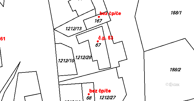 Jersín 53 na parcele st. 67 v KÚ Jersín, Katastrální mapa