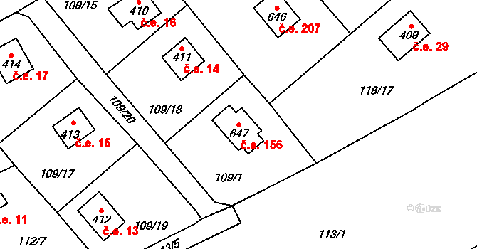 Javorník 156, Čtyřkoly na parcele st. 647 v KÚ Čtyřkoly, Katastrální mapa