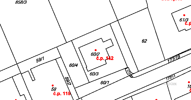 Těchov 142, Blansko na parcele st. 60/2 v KÚ Těchov, Katastrální mapa