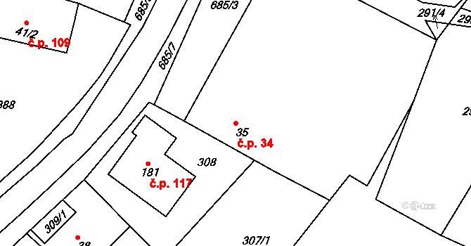 Polánky nad Dědinou 34, Třebechovice pod Orebem na parcele st. 35 v KÚ Polánky nad Dědinou, Katastrální mapa