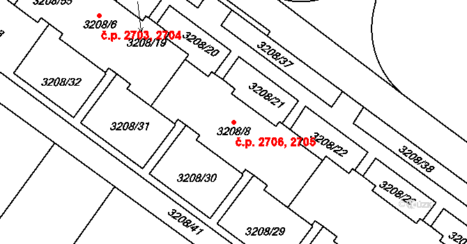 Roudnice nad Labem 2705,2706 na parcele st. 3208/8 v KÚ Roudnice nad Labem, Katastrální mapa