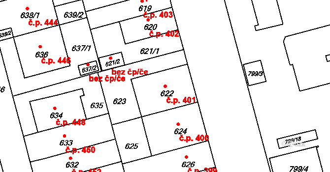 Ponava 401, Brno na parcele st. 622/1 v KÚ Ponava, Katastrální mapa