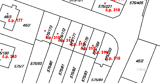 Klokoty 313, Tábor na parcele st. 575/170 v KÚ Klokoty, Katastrální mapa