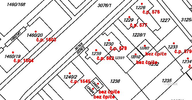 Místek 582, Frýdek-Místek na parcele st. 1239 v KÚ Místek, Katastrální mapa