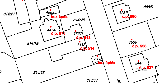 Plzeňské Předměstí 514, Rokycany na parcele st. 1332 v KÚ Rokycany, Katastrální mapa