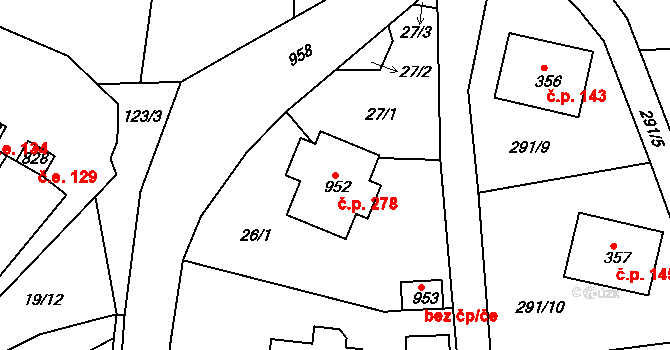 Háje 278, Cheb na parcele st. 952 v KÚ Háje u Chebu, Katastrální mapa