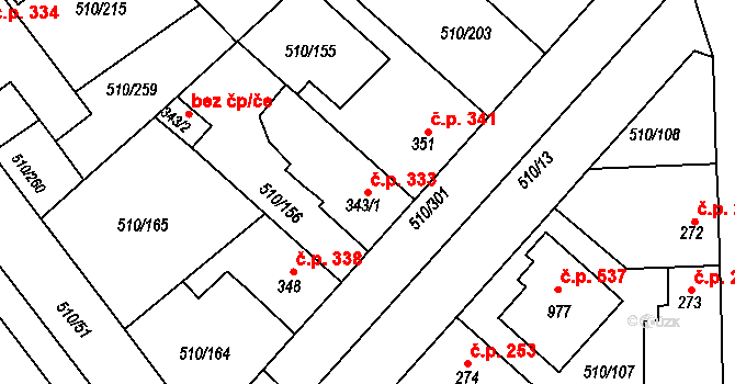 Sendražice 333, Kolín na parcele st. 343/1 v KÚ Sendražice u Kolína, Katastrální mapa