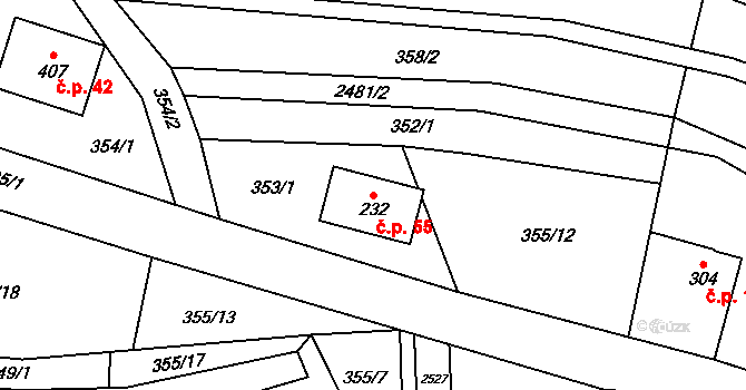 Leskovec 55 na parcele st. 232 v KÚ Leskovec, Katastrální mapa