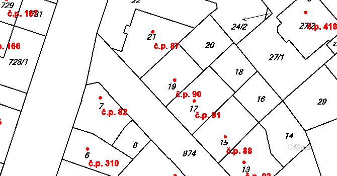 Satalice 90, Praha na parcele st. 19 v KÚ Satalice, Katastrální mapa