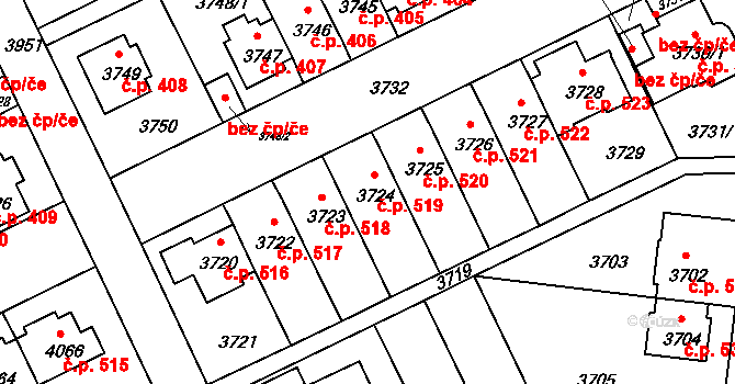 Záběhlice 519, Praha na parcele st. 3724 v KÚ Záběhlice, Katastrální mapa