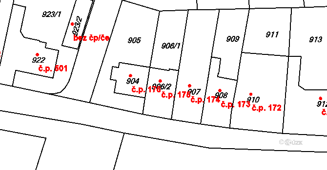 Řepy 175, Praha na parcele st. 906/2 v KÚ Řepy, Katastrální mapa