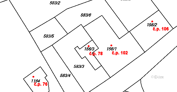Potůčník 78, Hanušovice na parcele st. 156/3 v KÚ Hanušovice, Katastrální mapa