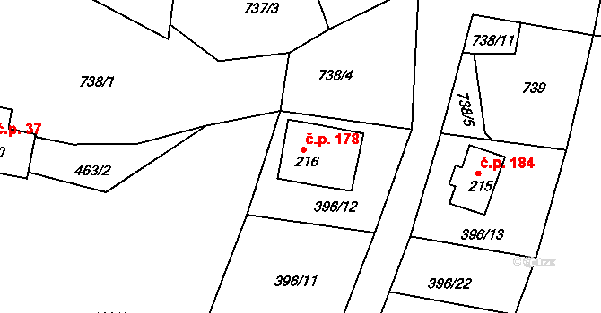 Klení 178, Benešov nad Černou na parcele st. 216 v KÚ Klení, Katastrální mapa