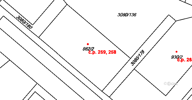 Týnec nad Sázavou 258,259 na parcele st. 862/2 v KÚ Týnec nad Sázavou, Katastrální mapa