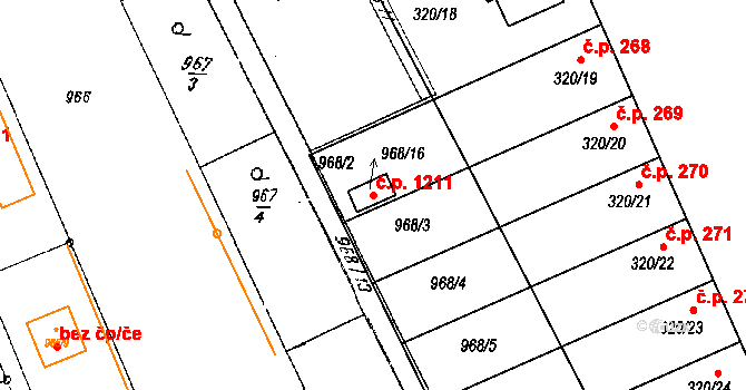 Dobšice 1211 na parcele st. 968/16 v KÚ Dobšice u Znojma, Katastrální mapa