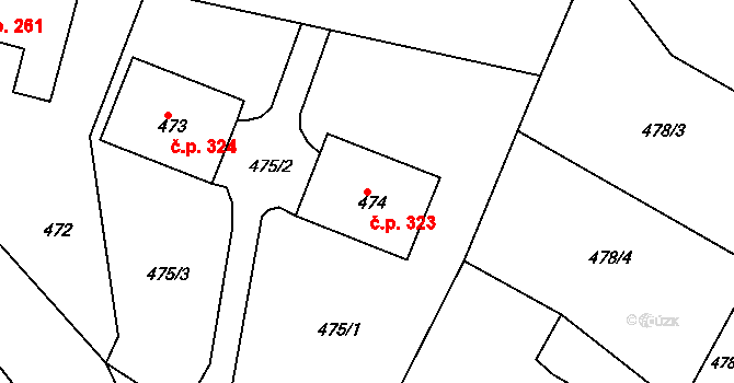 Zádveřice 323, Zádveřice-Raková na parcele st. 474 v KÚ Zádveřice, Katastrální mapa