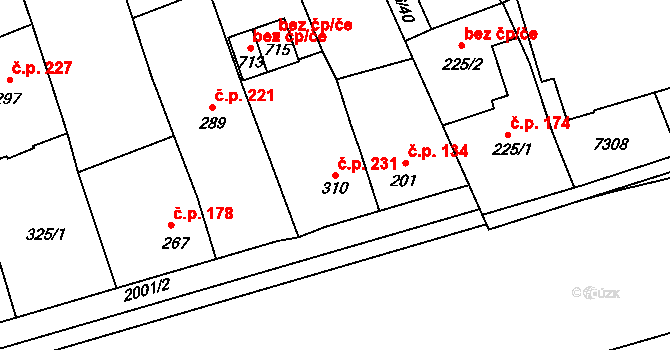 Louky 231, Zlín na parcele st. 310 v KÚ Louky nad Dřevnicí, Katastrální mapa