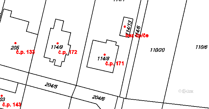 Zábřeh 171, Dolní Benešov na parcele st. 114/8 v KÚ Zábřeh u Hlučína, Katastrální mapa