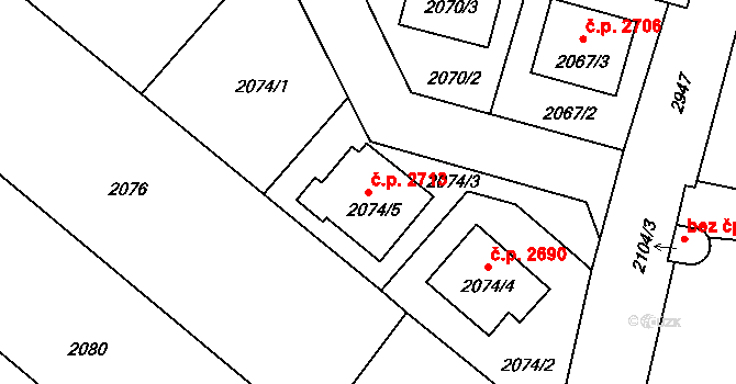 Předměstí 2713, Opava na parcele st. 2074/5 v KÚ Opava-Předměstí, Katastrální mapa
