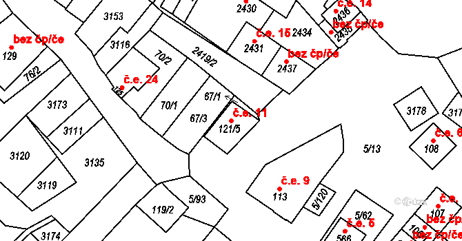 Popice 11 na parcele st. 121/5 v KÚ Popice, Katastrální mapa