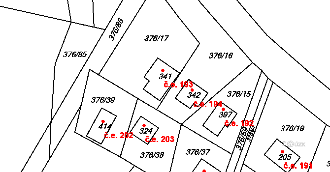 Hoješín 193, Seč na parcele st. 341 v KÚ Hoješín, Katastrální mapa