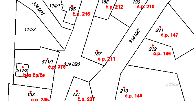 Mšeno 211 na parcele st. 187 v KÚ Mšeno, Katastrální mapa