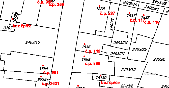 Zelené Předměstí 119, Pardubice na parcele st. 1836 v KÚ Pardubice, Katastrální mapa