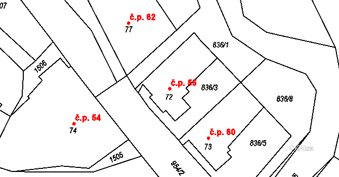 Vadín 55, Okrouhlice na parcele st. 72 v KÚ Vadín, Katastrální mapa