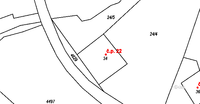 Pěčín 22 na parcele st. 34 v KÚ Pěčín u Rychnova nad Kněžnou, Katastrální mapa