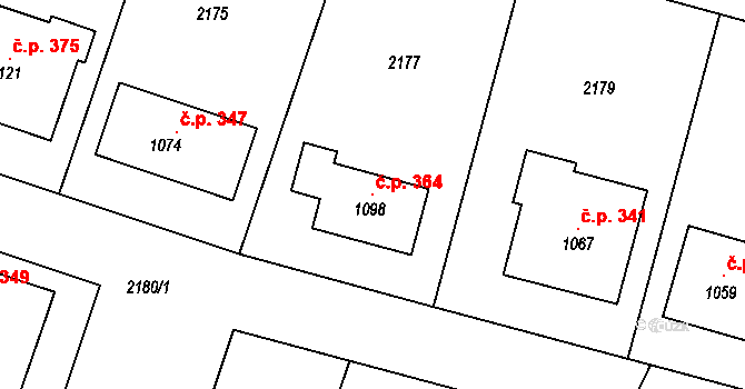 Hrádek 364 na parcele st. 1098 v KÚ Hrádek u Znojma, Katastrální mapa