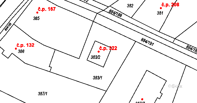 Štěnovice 322 na parcele st. 383/2 v KÚ Štěnovice, Katastrální mapa