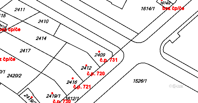 Hustopeče 731 na parcele st. 2409 v KÚ Hustopeče u Brna, Katastrální mapa