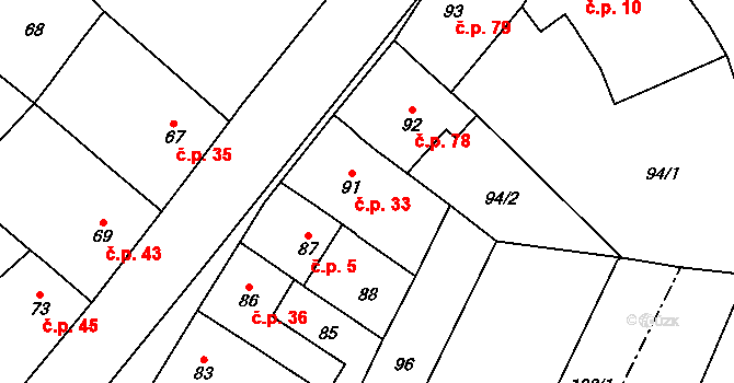 Lutotín 33, Bílovice-Lutotín na parcele st. 91 v KÚ Lutotín, Katastrální mapa
