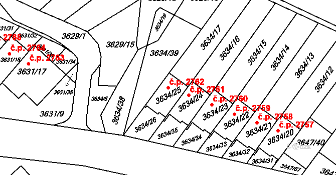 Znojmo 2762 na parcele st. 3634/25 v KÚ Znojmo-město, Katastrální mapa