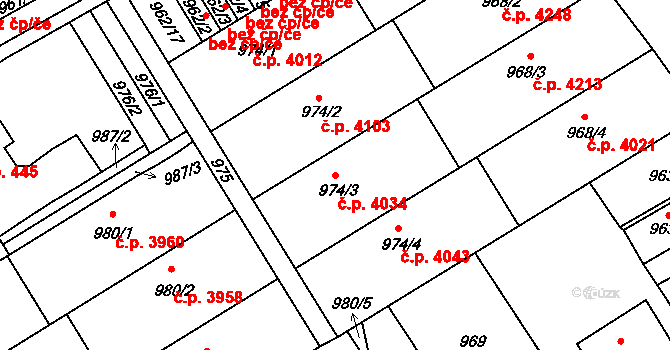 Mšeno nad Nisou 4034, Jablonec nad Nisou na parcele st. 974/3 v KÚ Mšeno nad Nisou, Katastrální mapa