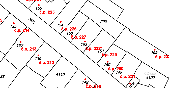 Sadská 228 na parcele st. 152 v KÚ Sadská, Katastrální mapa