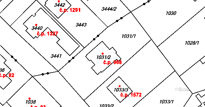 Roztoky 968 na parcele st. 1031/2 v KÚ Roztoky u Prahy, Katastrální mapa