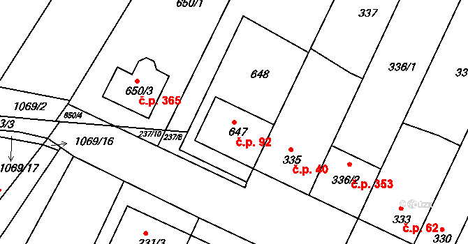 Moutnice 92 na parcele st. 647 v KÚ Moutnice, Katastrální mapa