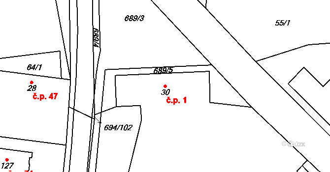 Milovice u Hořic 1 na parcele st. 30 v KÚ Milovice u Hořic, Katastrální mapa