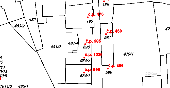 Lysá nad Labem 585 na parcele st. 696 v KÚ Lysá nad Labem, Katastrální mapa