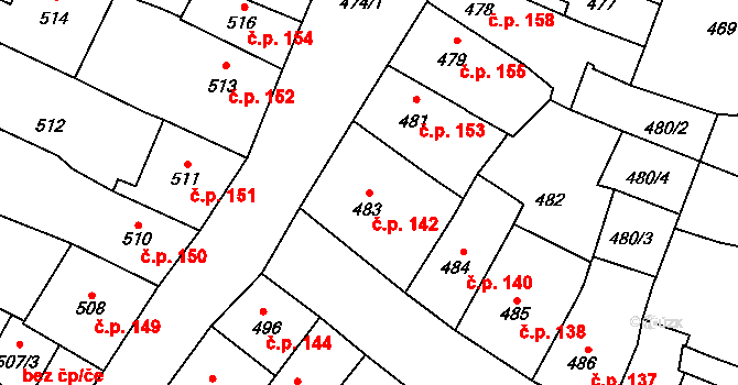 Kadaň 142 na parcele st. 483 v KÚ Kadaň, Katastrální mapa