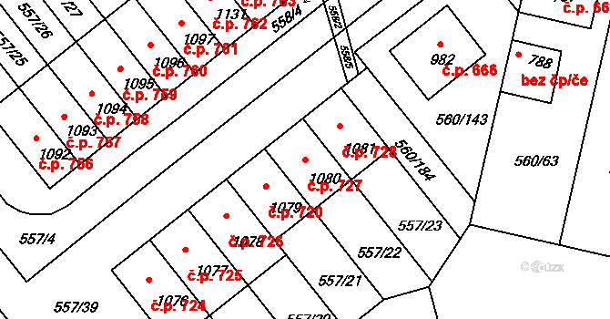 Podklášteří 727, Třebíč na parcele st. 1080 v KÚ Podklášteří, Katastrální mapa