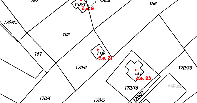 Hutě 27, Černýšovice na parcele st. 119 v KÚ Černýšovice, Katastrální mapa
