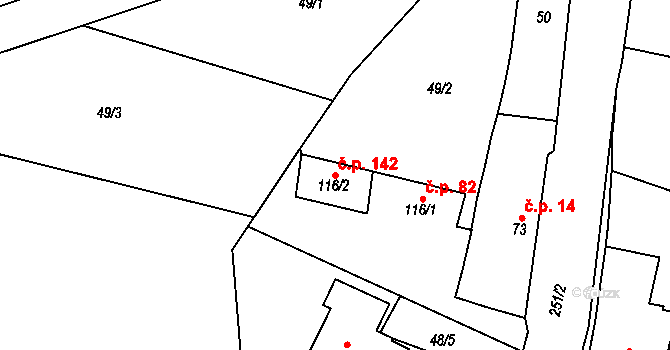 Nasobůrky 142, Litovel na parcele st. 116/2 v KÚ Nasobůrky, Katastrální mapa