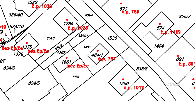 Bakov nad Jizerou 767 na parcele st. 464/1 v KÚ Bakov nad Jizerou, Katastrální mapa