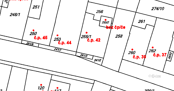 Třebonice 42, Praha na parcele st. 255/1 v KÚ Třebonice, Katastrální mapa