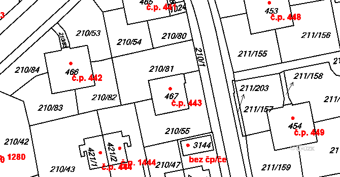 Sezimovo Ústí 443 na parcele st. 467 v KÚ Sezimovo Ústí, Katastrální mapa