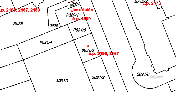 Východní Předměstí 2156,2157, Plzeň na parcele st. 3031/3 v KÚ Plzeň, Katastrální mapa